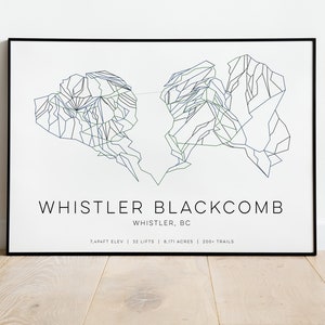 May include: A black and white line art print of the Whistler Blackcomb ski resort map. The text below the map reads "Whistler Blackcomb, Whistler, BC 7,447ft Elev | 32 Lifts | 8,171 Acres | 200+ Trails"