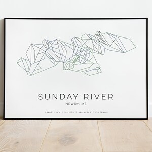Minimalist Modern Geometric Ski Trail Map Art Print | Sunday River Resort Poster | Newry, ME