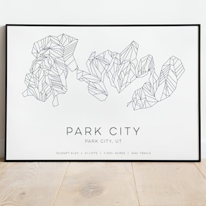 May include: A black and white geometric illustration of the Park City ski resort in Utah. The text "PARK CITY, UT" is below the illustration, and the text "10,024ft ELEV | 41 LIFTS | 7,300+ ACRES | 340+ TRAILS" is below that.