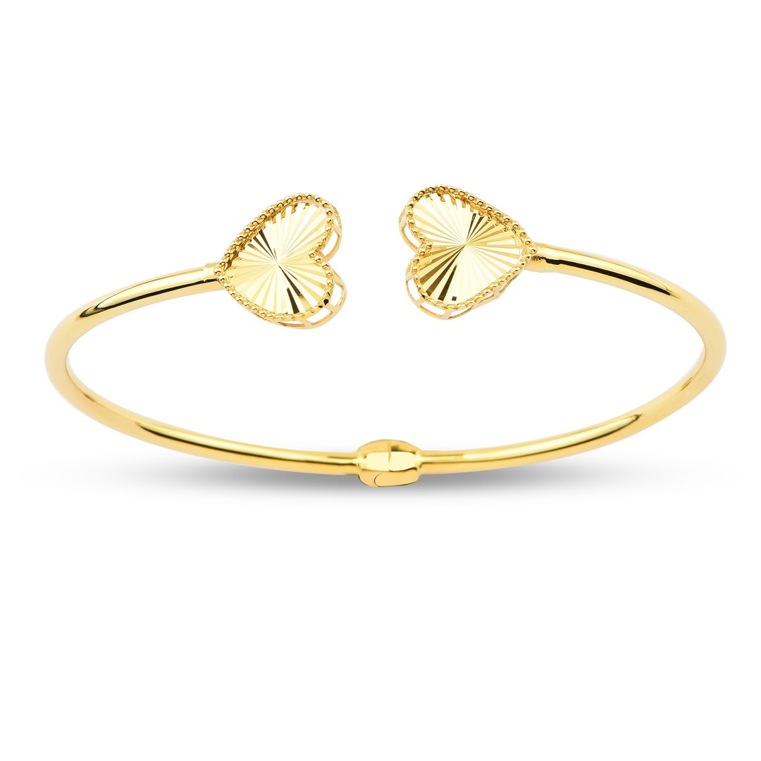14K Solid Gold Duo Heart Cuff Bracelet, Real Gold Heart Bangle Bracelet