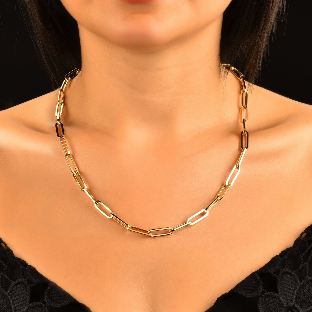 14K Gold Paperclip Chain Necklace Yellow Gold Paperclip Necklace for