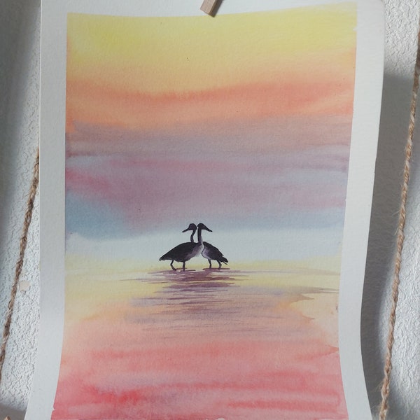 Oiseaux au coucher de soleil aquarelle