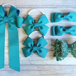 Handmade Jade Green School Hair Bow Set..Ribbon & Glitter, Clips and Bobbles.