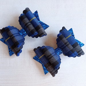 Handmade Set of 2 Royal Blue Tartan/Glitter School Hair Bow Clips..