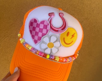 Bright Orange Patch Trucker Hat: Beaded Summer Accessory