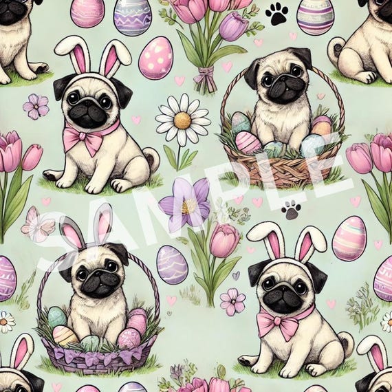 Happy Easter PUGS cute puppies in gift baskets and Eggs and Flowers easter gift wrapping paper gift pattern (PRINTABLE file)