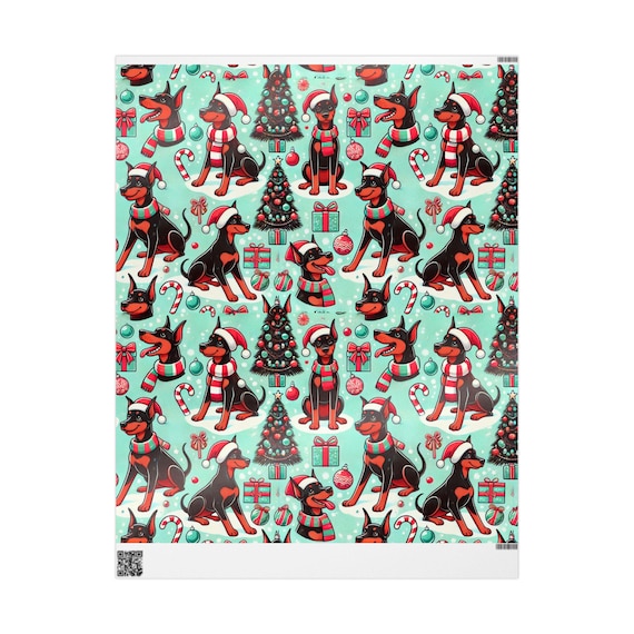 Dog Christmas Wrapping Papers, Cute Doberman Pinscher Pattern, Puppy Gift Wrap, Holiday Gift Wrap, Animal Lover Gifts, Pet Owner Supplies