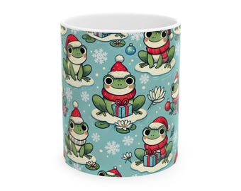 Christmas Frogs Ceramic Mug, Cute Trendy Santa Hat Toads Gift Idea Xmas Coffee Cup, Unique Adorable Holiday Drinkware, 11oz 15oz