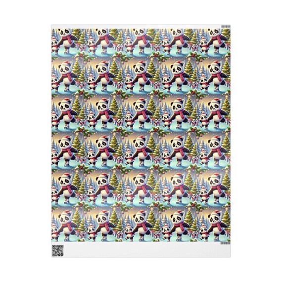 Wrapping Papers, Cute Panda Family Ice Skating Christmas Gift Wrap, Holiday Present Decoration, Festive Paper Rolls, Xmas Packing Supplies,