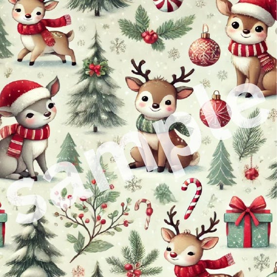 Cute vintage REINDEER in the woods vintage Christmas wrapping paper (PRINTABLE FILE only)