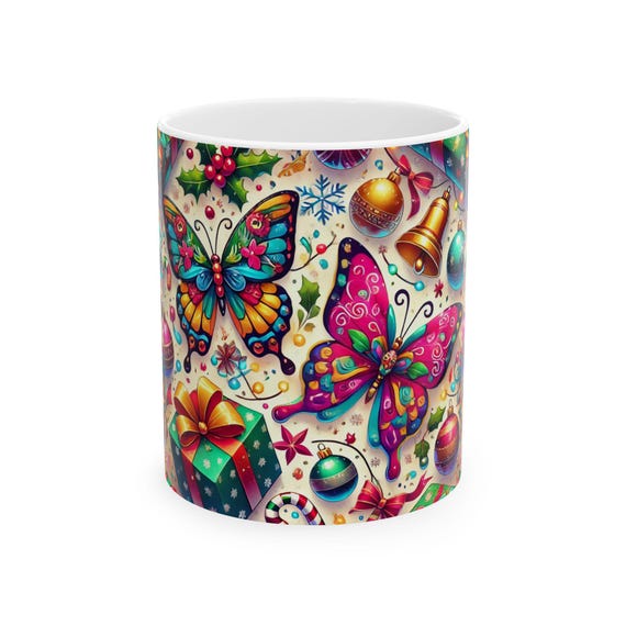 Brightly Colored Butterfly Christmas Mug, Beautiful Ceramic Coffee Cup for Tea, Cocoa, or Coffee, Available in 11oz and 15oz Sizes