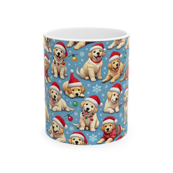 Golden Retriever puppies wearing Santa Hats dogs Christmas mug