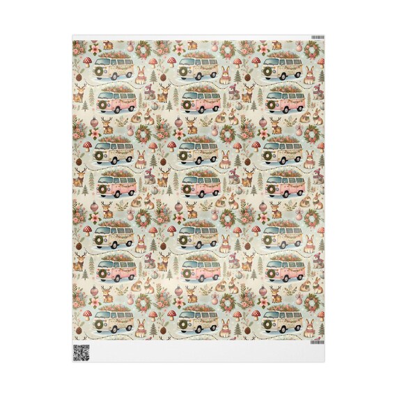 Wrapping Paper, Bunnies, Rabbits, VW Bus Christmas Gift Wrap, Cottage Core, Volkswagon, Soft pastels, Mushrooms, Reindeer, Ornaments