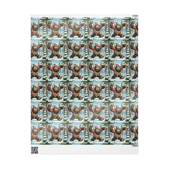 Christmas Sasquatch Wrapping Paper, Bigfoot Snowball Fight Cartoon Pattern, Trendy 2024 Holiday Gift Wrap, Playful Winter Yeti Design, Funny