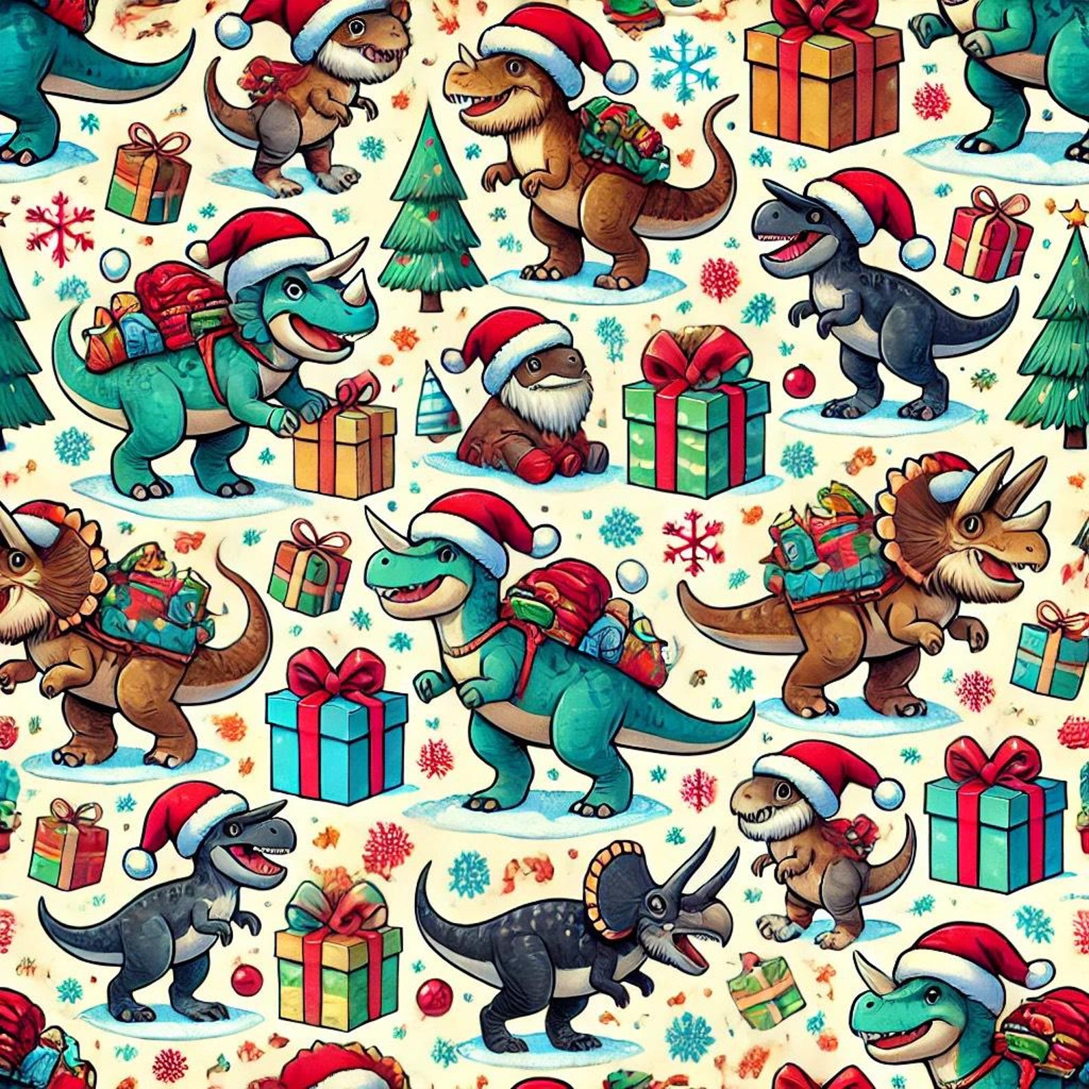 Dinosaur Holiday Christmas Wrapping Paper Pattern Etsy
