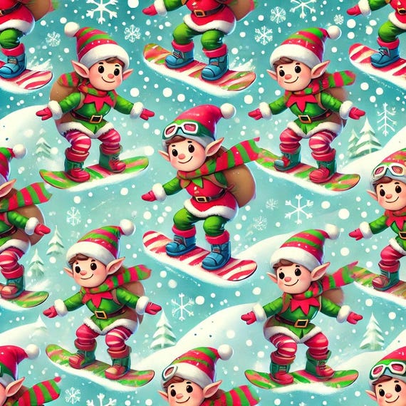 Snowboarding Elves to make Christmas Fun Christmas gift wrap paper pattern