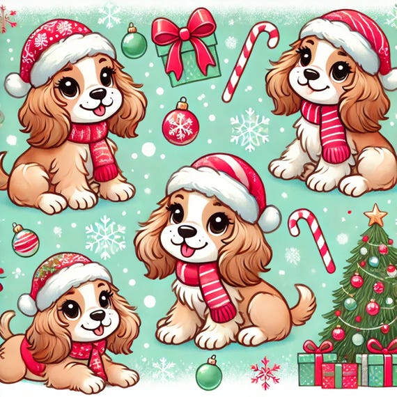Sweet, cute COCKER SPANIEL puppy dogs wearing Santa Hats!