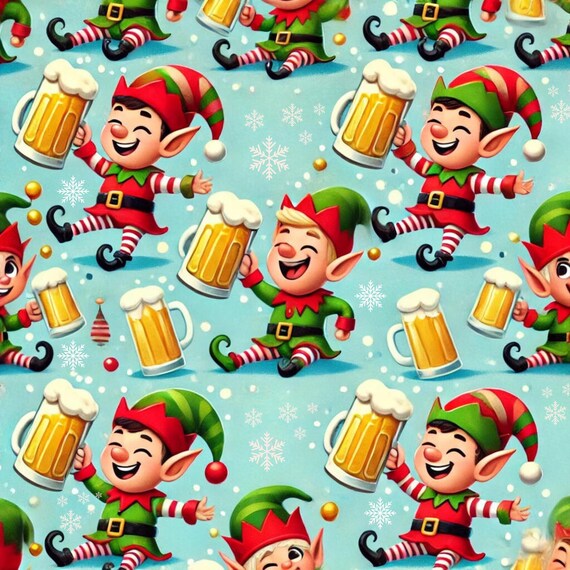 Naughty Party Elves Drinking BEER funny Christmas gift wrap paper pattern (printable)