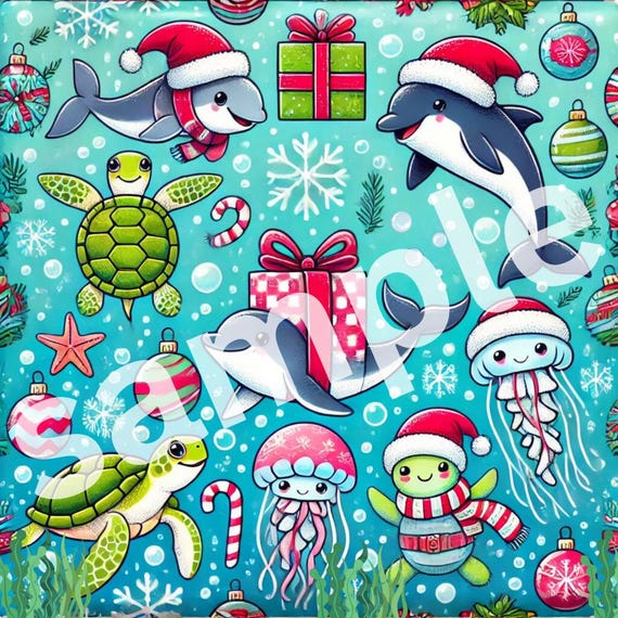 Fun Sealife underwater ocean Christmas wrapping paper pattern wrapping (PRINTABLE version only)