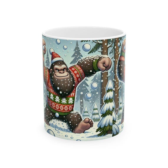Funny Sasquatch Christmas Ceramic Mug, Big Foot Snowball Fight Holiday Cup, Yeti Xmas Coffee Mug, Winter Sasquatch Tea Mug, Festive Bigfoot