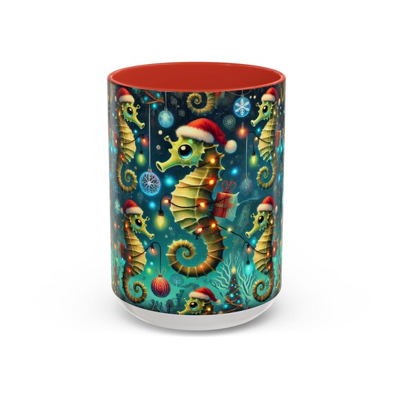 Festive Seahorses Christmas Mug with Santa Hats Coastal Holiday Coffee Mug in 11oz and 15oz Sizes Perfect Gift for Ocean Lovers