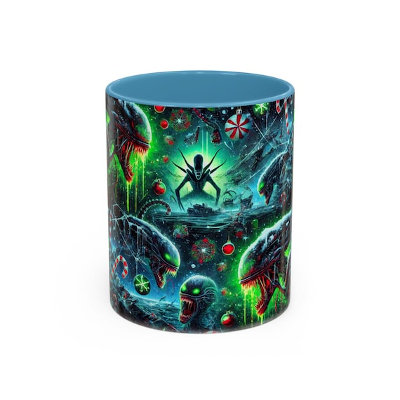 Mug, Scary Ocean Aliens Monsters Christmas Mug Trendy 2024 Bright Colors, Holiday Coffee Cup, Unique Gift, Halloween Kitchen Decor, Sea
