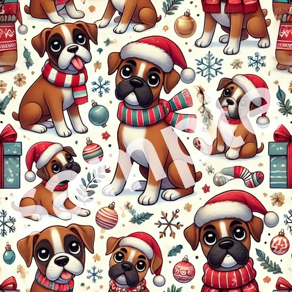 Cute BOXER dogs wearing Santa Hats Christmas wrapping paper gift wrap pattern (PRINTABLE version)