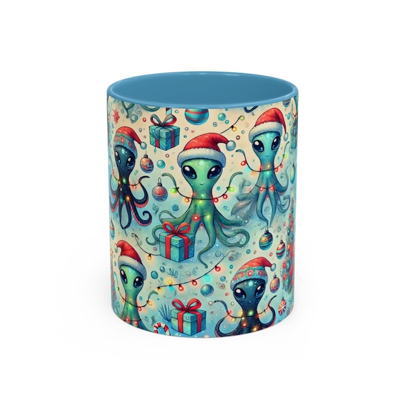 Ocean Alien Octopuses Christmas Mug with Santa Hats Cute Weird and Fun 2024 Holiday Coffee Mug in 11oz and 15oz Sizes