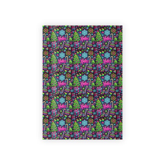 Wrapping Papers, Neon 90s Retro Christmas Holiday Gift Wrap, Colorful Unique Original Design, Festive Present Packaging, Bright Xmas