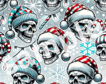 May include: A seamless pattern featuring white skulls wearing red and white Santa hats and blue and white winter hats. The background is a light gray with snowflakes and white Christmas lights.