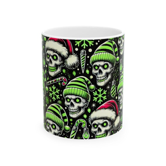 Neon Christmas Ceramic Mug, Retro Alternative Punk Rock Santa Skulls Holiday Cup, Unique Skeletons Bones, 11oz 15oz Gift, Kitchen Decor,