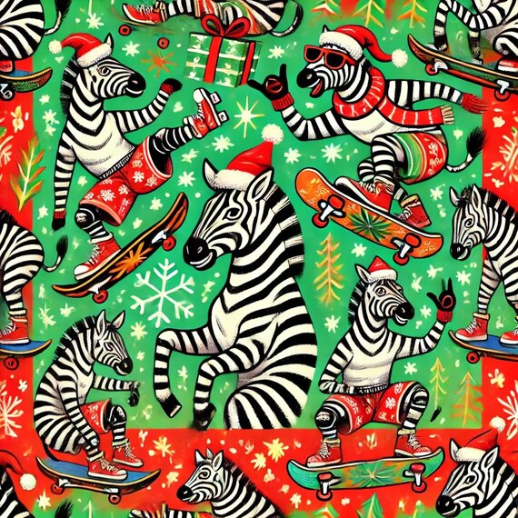 Funny ZEBRAS on skateboards Christmas pattern