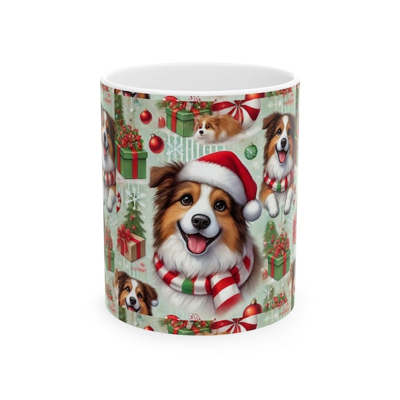 Cute Border Collies Santa Hats and Scarves Christmas Mug Adorable Dog Lover Gift Lead-Free Ceramic in Two Sizes