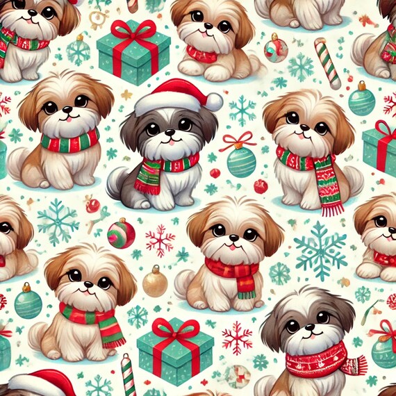 Adorable SHIH TZU dogs and puppies wearing Santa hats and festive scarves Christmas pattern new for 2024 (PRINTABLE file)