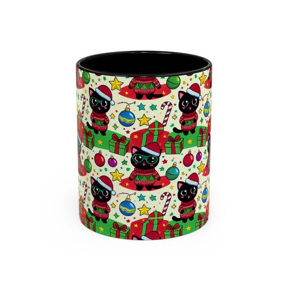 Cool Black Cats in Santa Hats and Suits Wearing Sunglasses Sitting on Christmas Presents Funny Holiday Coffee Mug