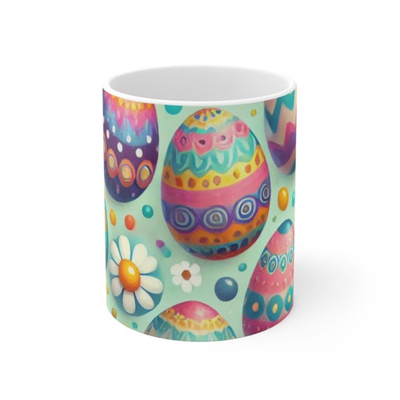 Colorful Easter Egg Mug, 11oz Spring Coffee Cup, Cute Floral Design, Spring Decor, Easter Gift, Home & Kitchen