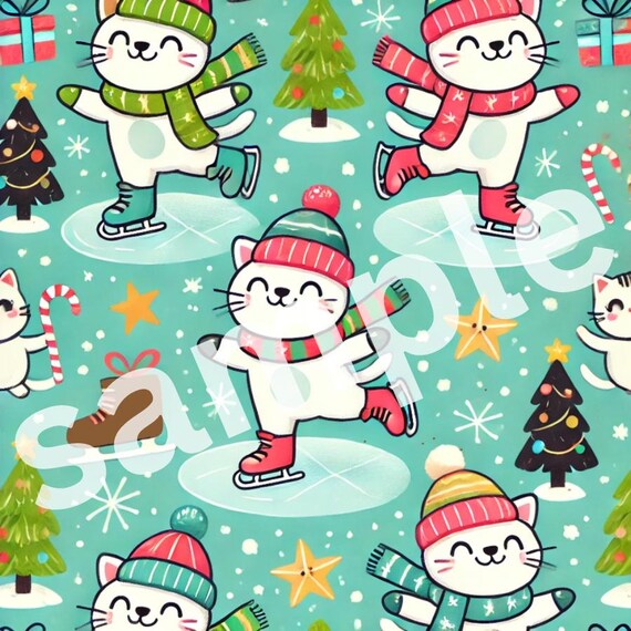 Cats ice skating Christmas wrapping paper pattern (PRINTABLE VERSION)