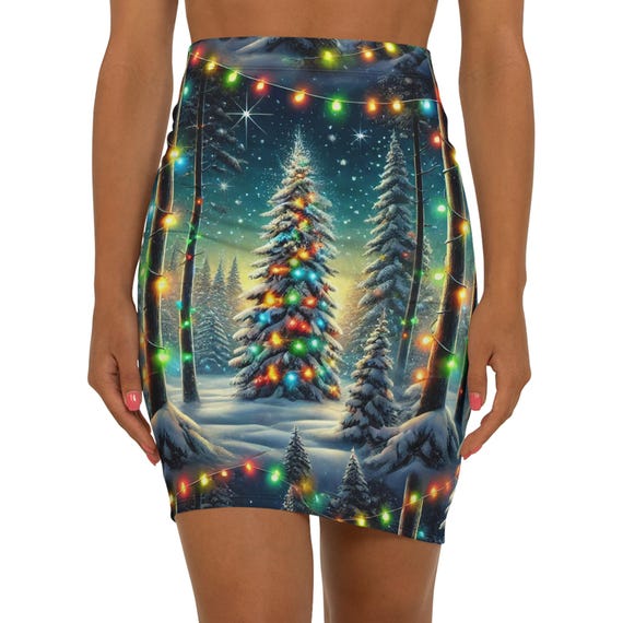 Sexy, Fun Women's Christmas Lights and Trees Winter Wonderland Mid-Waist Pencil Skirt (AOP)