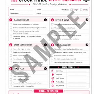 May include: A white printable stock trade entry checklist worksheet with pink and black text. It features sections for market context, levels, entry confirmation, risk management, trade plan, and trade details, ending with a final decision section.