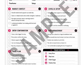 Stock Trade Entry Checklist Printable | Trading Planner PDF | Beginner Stock Trading Checklist | Trade Setup & Risk Management Worksheet