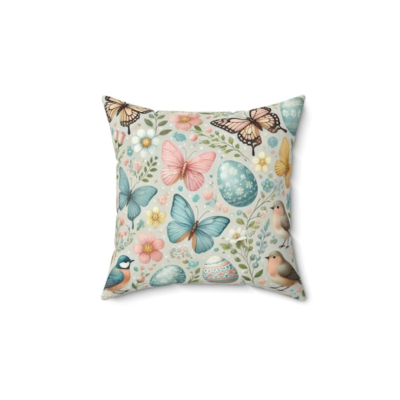 Spring Garden Decorative Pillow, Floral Accent Cushion for Home, Butterflies and Birds Throw Pillow, Easter Decor, Gift Idea