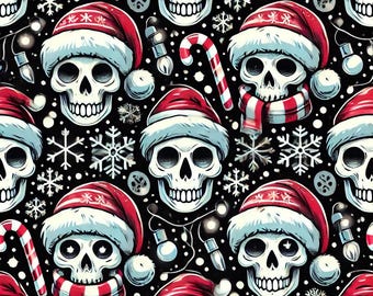 May include: A seamless pattern featuring white skulls wearing Santa hats and scarves against a black background. The pattern is filled with red and white candy canes, snowflakes, and white Christmas lights.