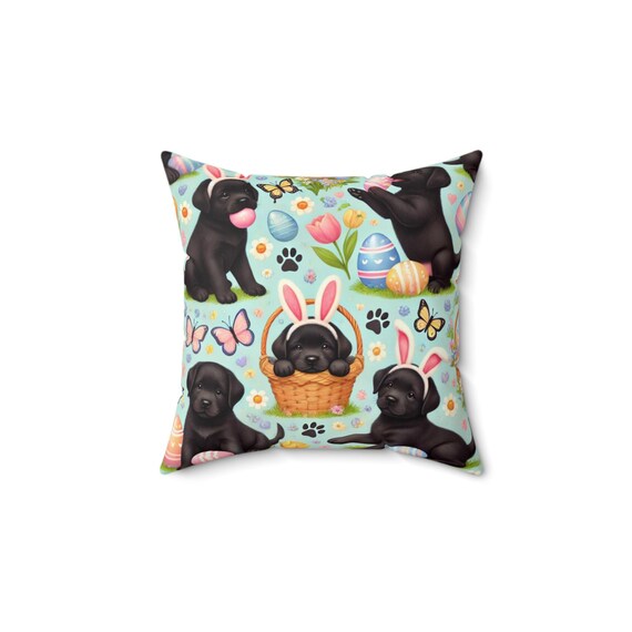 Easter Puppy Pillow, Cute Black Lab Decor, Cozy Spring Home Accent, Easter Gift, Pet Lover Cushion, Floral Pet Pillow