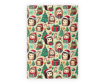 Christmas Hedgehog Gift Wrapping Paper, Cute Holiday Santa Hat Scarves Presents, 1 Roll - Festive Xmas Wrap, Seasonal Gift Wrap, Christmas