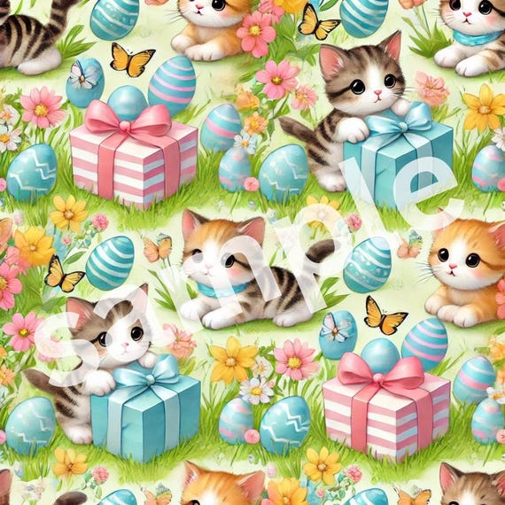 Cute KITTENS playing and celebrating Easter, festive cats gift wrapping paper with butterflies and easter eggs (PRINTABLE file only)