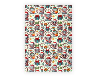 May include: A repeating pattern of cartoon elephants wearing Santa hats and scarves, surrounded by Christmas presents, candy canes, and ornaments. The elephants are gray with red and white accents, set against a cream background.