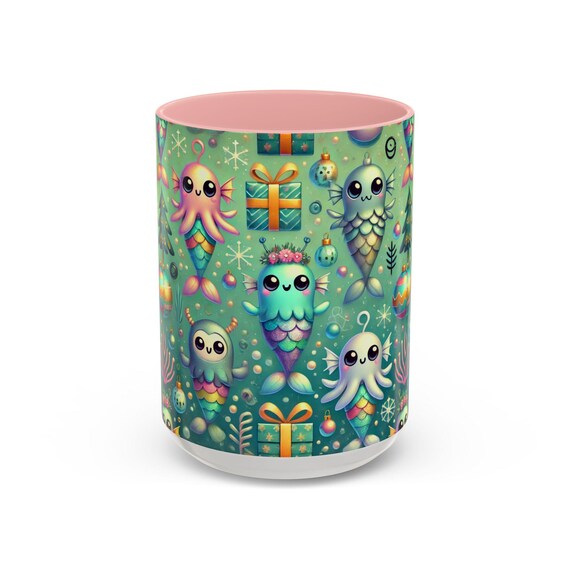 Ocean Alien Christmas Ceramic Mug, Funny Cute UFOs Holiday Tea Cup, Ocean Themed Gift, 11oz, 15oz, 2024