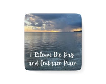 Serene Porcelain Magnet - &quot;I Release the Day and Embrace Peace&quot; - Peaceful Home Decor, Inspirational Gift, Beach Vibes, Mindfulness Decor