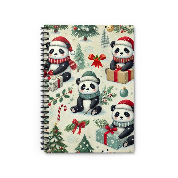 Festive Panda Spiral Notebook - Ruled Line, Cute Christmas Journal, Holiday Gift, Student Planner, Cute Animal Stationery