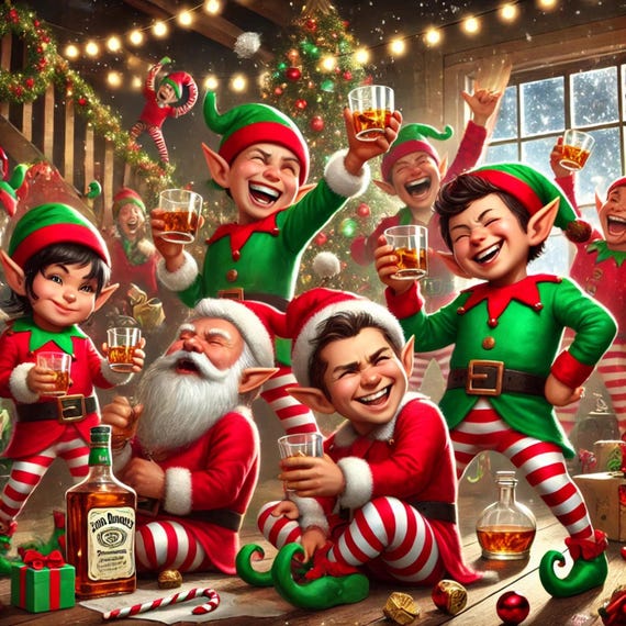 Naughty Elves and Santa Drinking and Celebrating funny Christmas gift wrap paper pattern (PRINTABLE version)